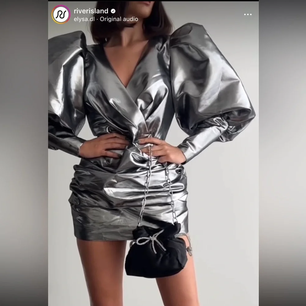 NWT River Island Metallic Silver Balloon Sleeves Bodycon Mini Dress Size 8 US - Picture 9 of 14